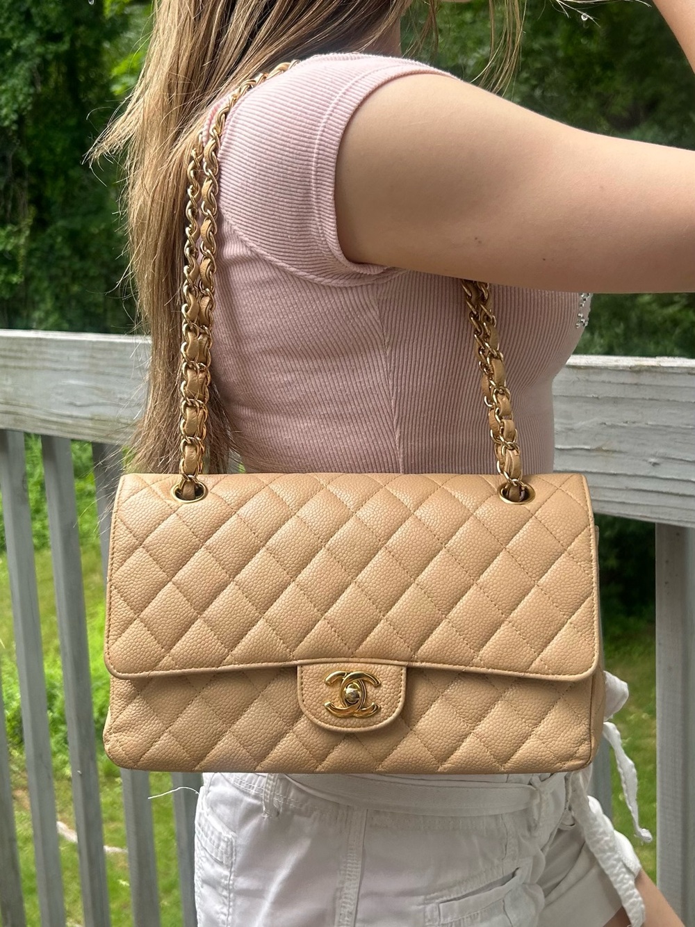 CHANEL Medium Classic Double Flap Caviar Quilted Handbag Beige/Gold Hardware